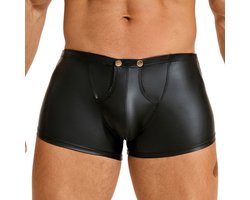 Sexy Heren Boxershort PU Leer met Drukknoopjes & Open Kruis – Uitdagend Zwart Wetlook Mannen Ondergoed