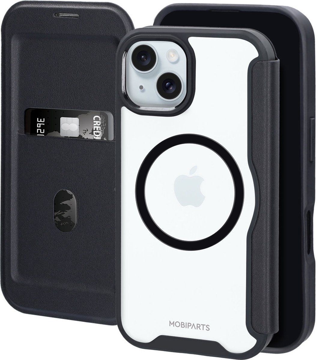 Mobiparts Telefoonhoesje geschikt voor Apple iPhone 14 MagSafe Hoesje | Mobiparts Shield Line Bookcase | Geschikt voor MagSafe | Geschikt voor Draadloos Opladen met Magnetische Ring | Geschikt voor MagSafe Case - Zwart