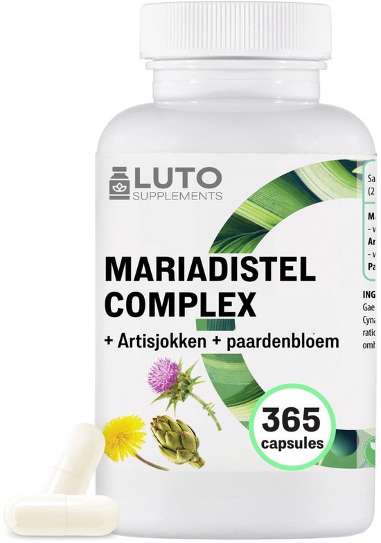 Mariadistel artisjok paardenbloem complex - 365 capsules (6 maandvoorraad) - hoge dosering met 80% silymarine & 2,5% cynarine - laboratoriumgetest - veganistisch - LUTO Supplements