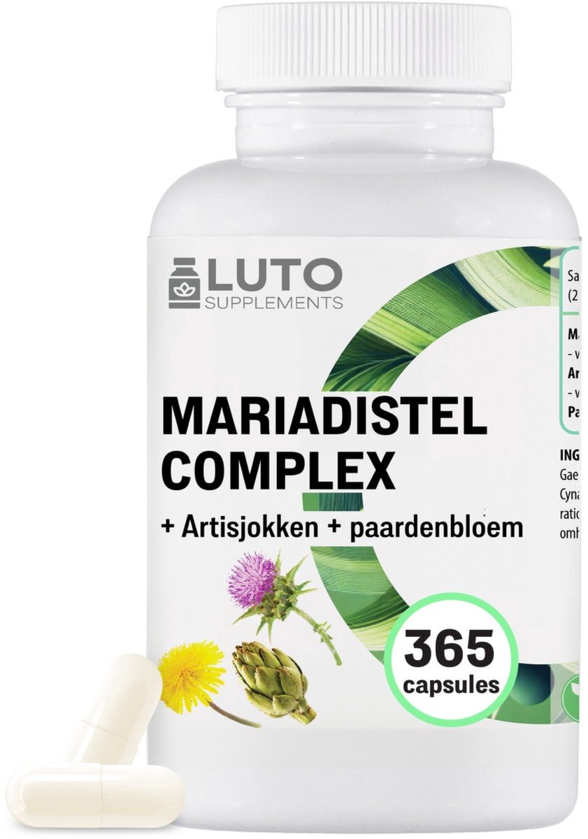 Mariadistel artisjok paardenbloem complex - 365 capsules (6 maandvoorraad) - hoge dosering met 80% silymarine & 2,5% cynarine - laboratoriumgetest - veganistisch - LUTO Supplements