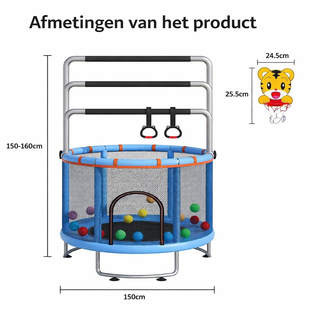 Multifunctionele Trampoline Ø150 cm-Basketbalring-Ringleuning- Ophangringen en hangmat-Draagvermogen 150 kg-Blauw – foto 6