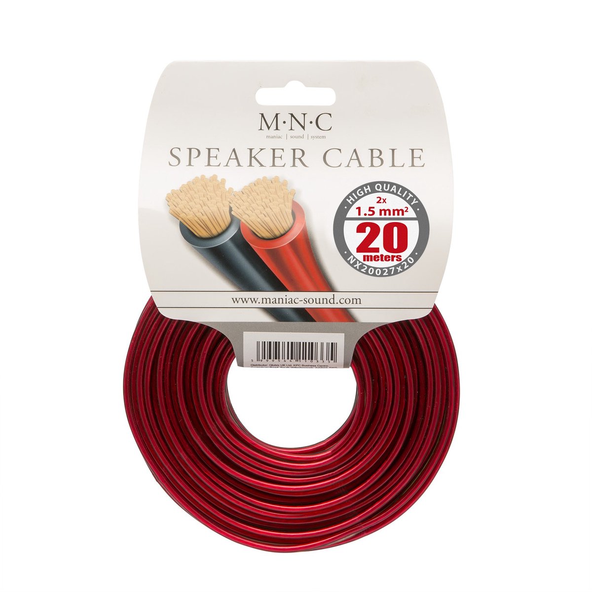 Speakerkabel 2x 1,5 mm² OFC – 20 Meter – Transparant Rood/Zwart – Audio Kabel voor Speakers & Geluidssystemen 1 Stuks [NX20027X20]