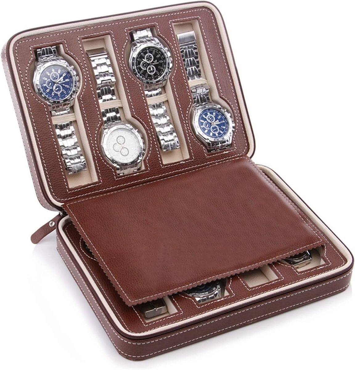 Draagbare horlogedoos met dubbele laag - ontwerp met 8 vakken - horloges opbergdoos - horlogepresentatiedoos - geschikt voor het opbergen van horloges, als reisdecoratie en voor het organiseren ervan. - 24 x 18 x 5.8cm - Bruin
