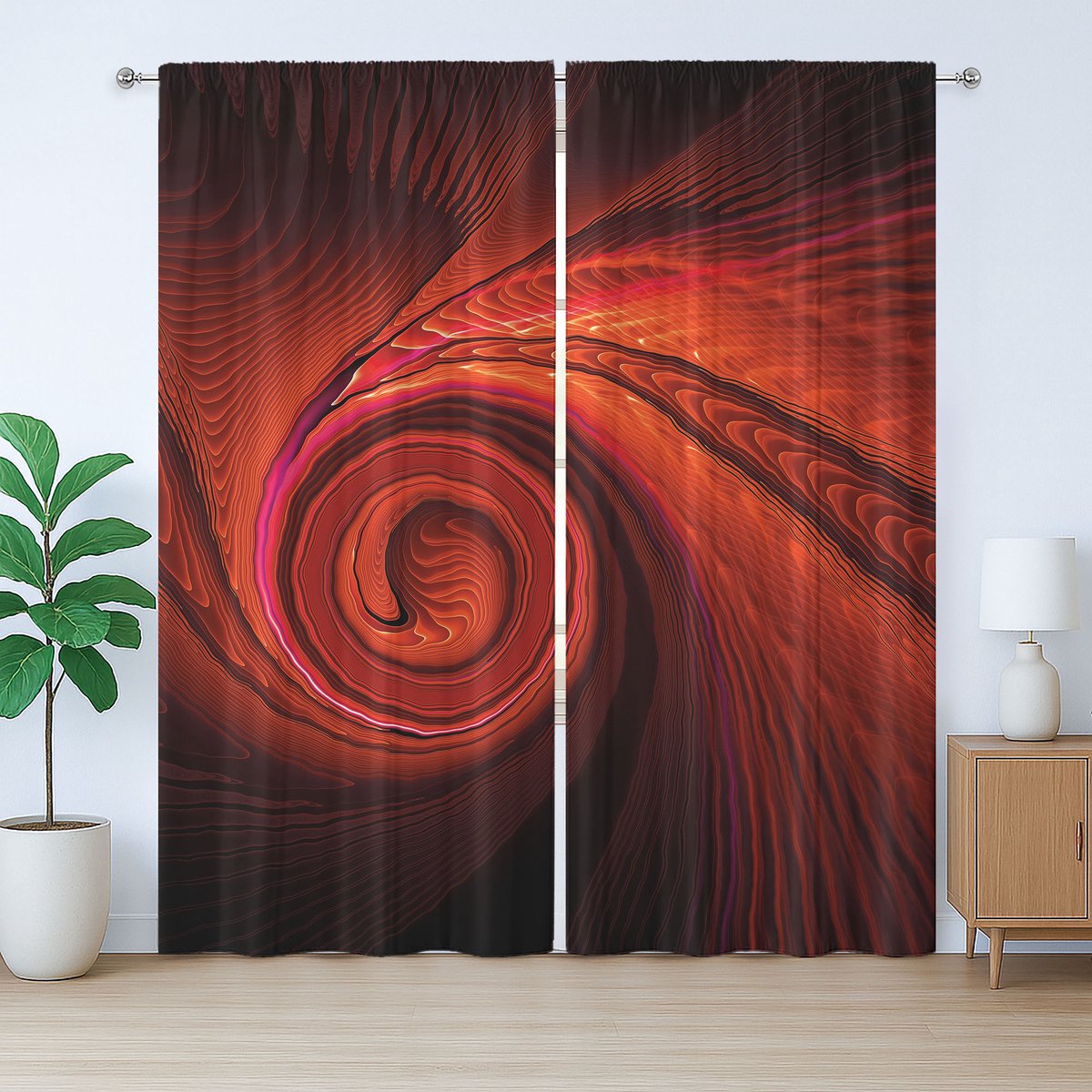 ABAKUHAUS rode rustieke gordijnen, Surreal Waves Spiral Art, universele gordijnen met lussen en haken voor de woonkamer, 280 x 245 cm, rood