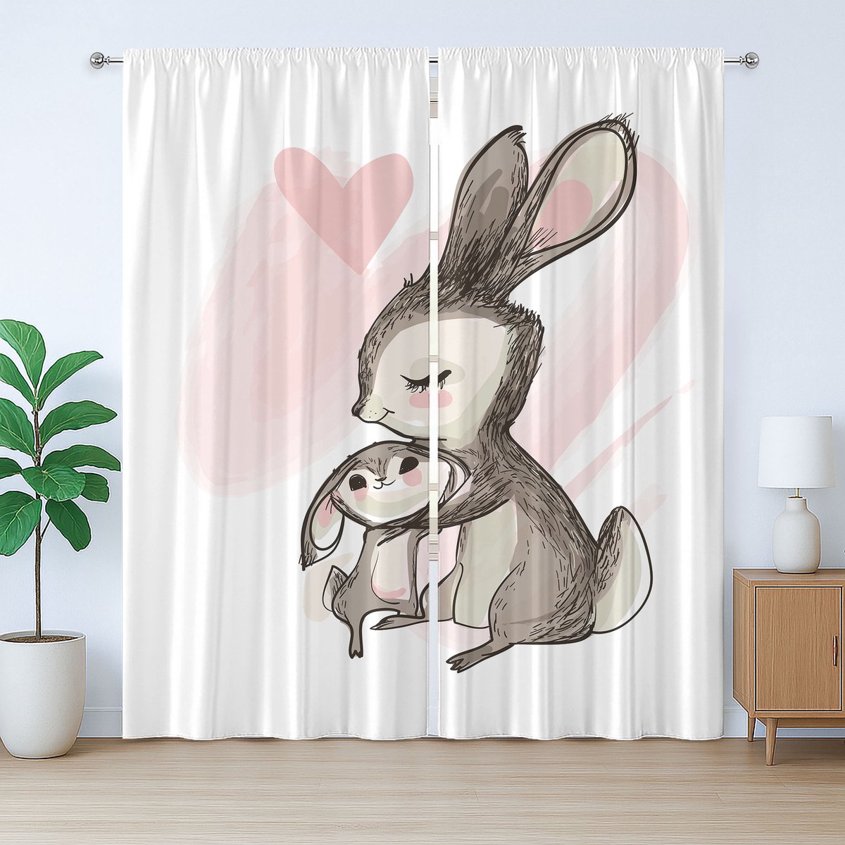 ABAKUHAUS Rustiek Moederdaggordijn, Konijn met zijn moeder, Geplooid slaapkamergordijn met lussen en haken, 280 x 225 cm, Lichtroze eierschaalkleur