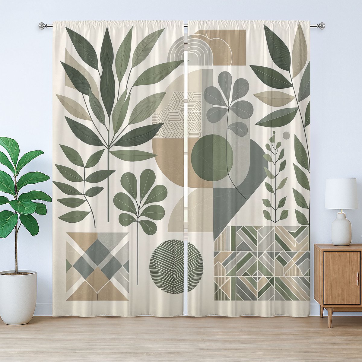 ABAKUHAUS Monstera Rustiek Gordijn, Minimalistisch Bloemen Romantisch, met Bandjes, Lussen en Haken , 280 x 175 cm, Lichtroze Groen Sepia