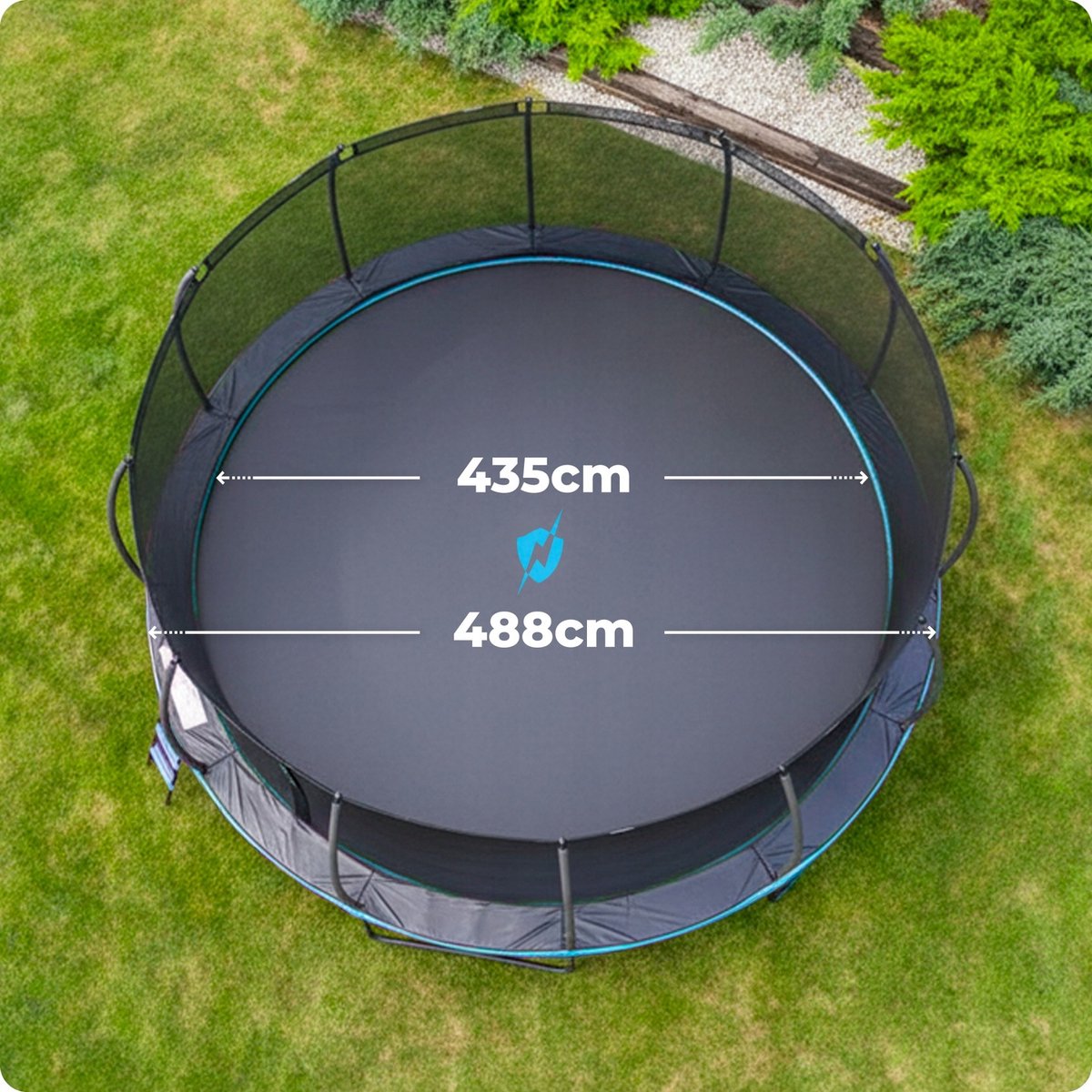 Grote Tuintrampoline 488 cm met Veiligheidsnet en Ladder – Ronde Outdoor Trampoline voor Kinderen en Volwassenen – Max 150 kg – Complete Set blauw — afbeelding 2