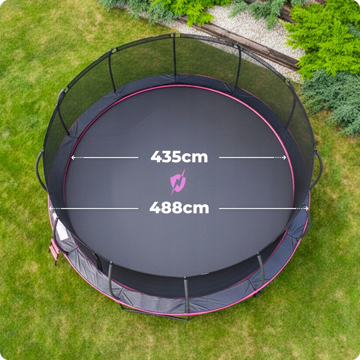 Grote Tuintrampoline 488 cm met Veiligheidsnet en Ladder – Ronde Outdoor Trampoline voor Kinderen en Volwassenen – Max 150 kg – Complete Set Roze — afbeelding 3