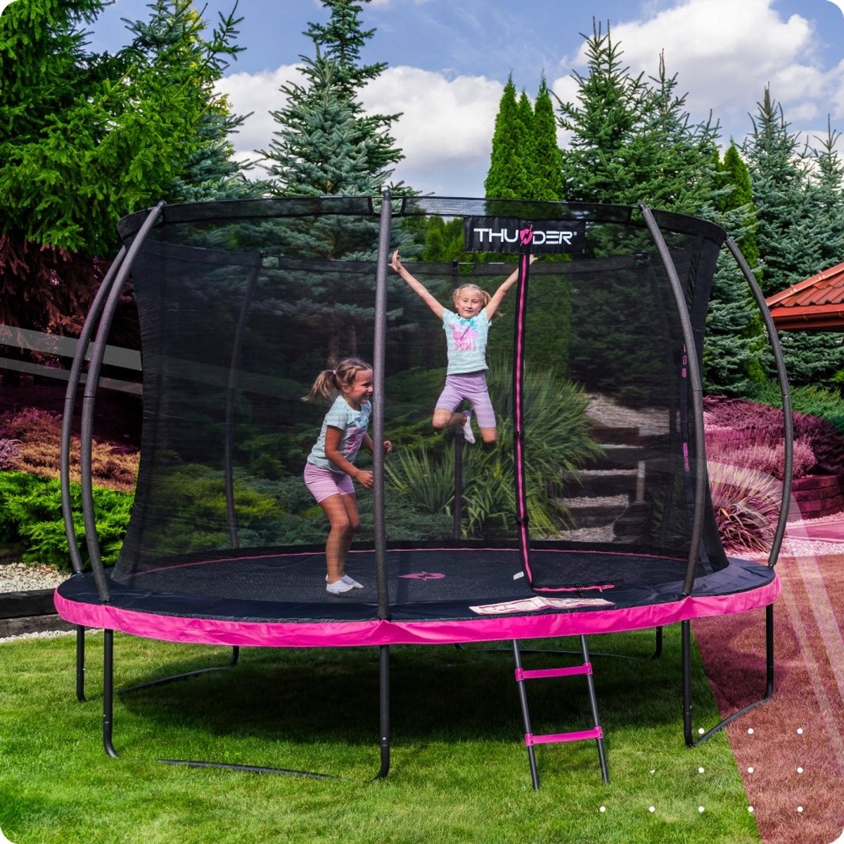 Grote Tuintrampoline 488 cm met Veiligheidsnet en Ladder – Ronde Outdoor Trampoline voor Kinderen en Volwassenen – Max 150 kg – Complete Set Roze — afbeelding 9