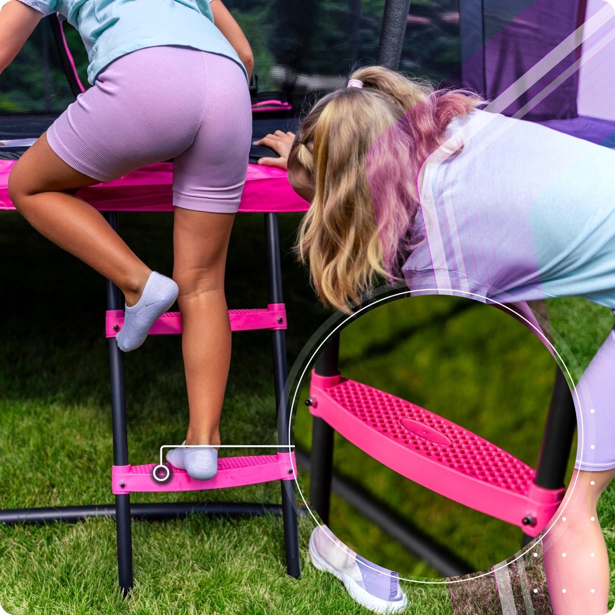 Grote Tuintrampoline 488 cm met Veiligheidsnet en Ladder – Ronde Outdoor Trampoline voor Kinderen en Volwassenen – Max 150 kg – Complete Set Roze — afbeelding 6