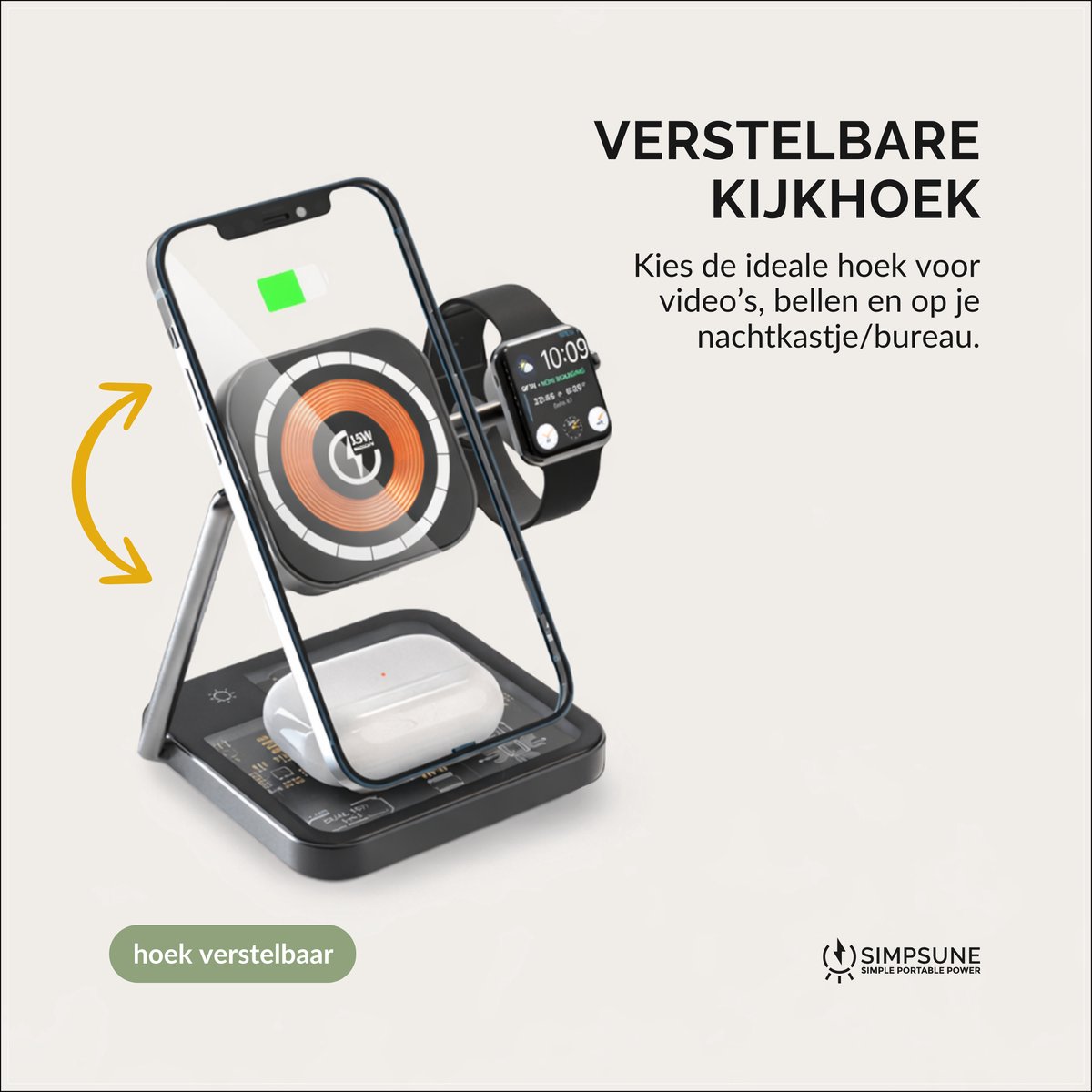 SimpSune 3 in 1 draadloze oplader – geschikt voor Apple Watch oplader – Wireless Charger oplaadstation geschikt voor MagSafe‑smartphones, Apple Watch & AirPods – verstelbaar dock van premium metaal & glas voor bureau & nachtkastje — cadeau in Gadgets - foto 5