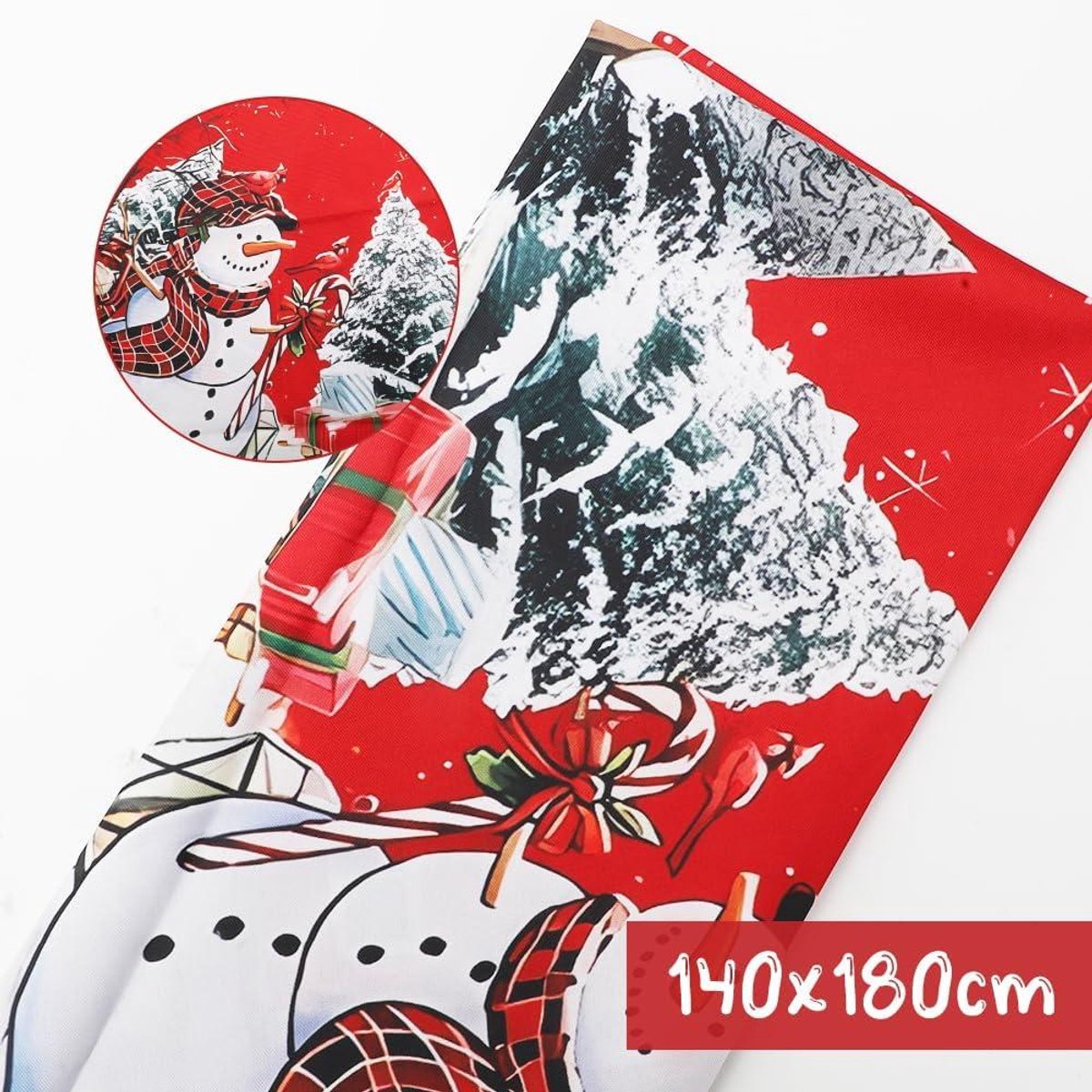 Kersttafelkleed Rood Huis Sneeuw Bomen Hek Sneeuwpop Winter Tafelkleed 150 cm