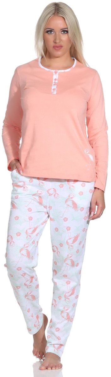 Normann Elegante damespyjama met lange mouwen met flamingomotief en knoopsluiting bij de hals apricot