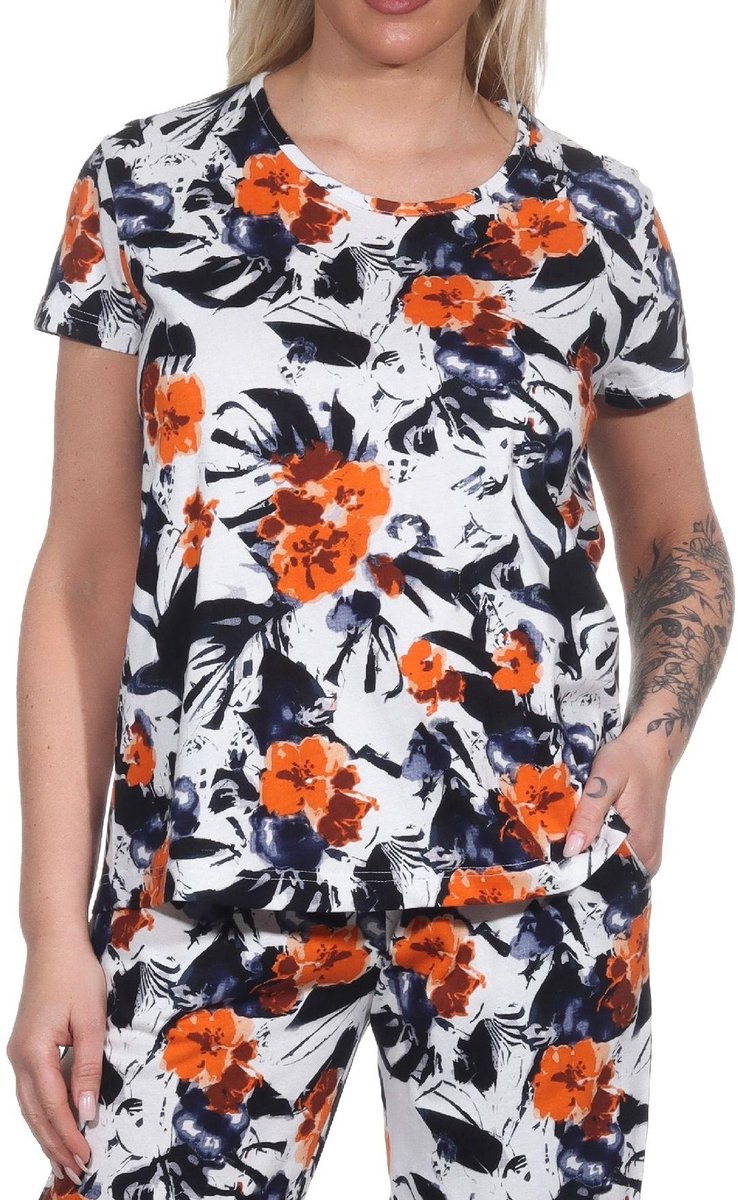 Normann Dames Pyjama Shirt korte Mouw Pyjama Top Mix & Match in Floral Optics orange
