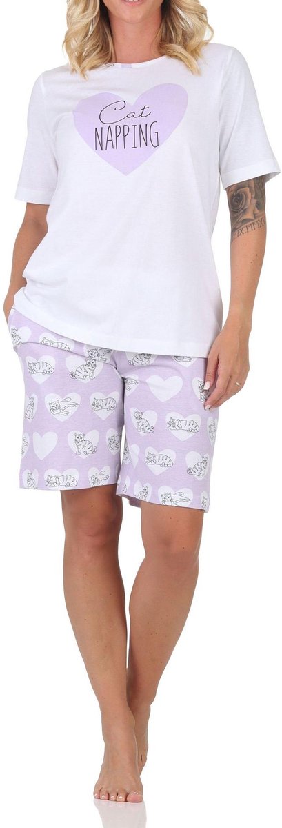 Normann dames pyjama shorty met korte mouwen pyjama met hart- en kattenmotief lila