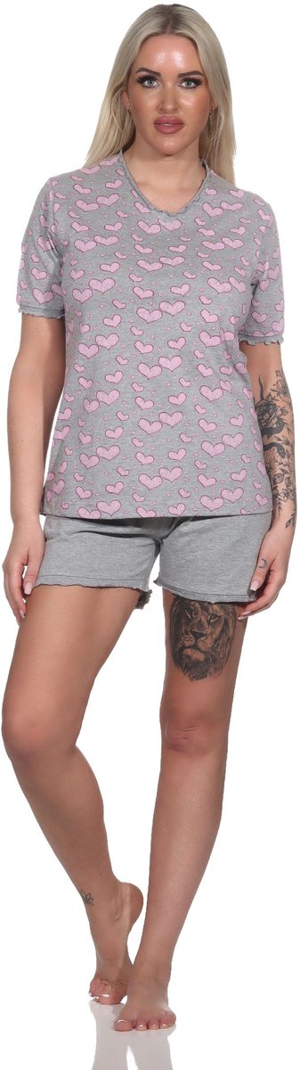 Normann Dames Korte Mouw Shorty Pyjama in Hartmotief Optiek - Ook in Oversizes grau-mel.