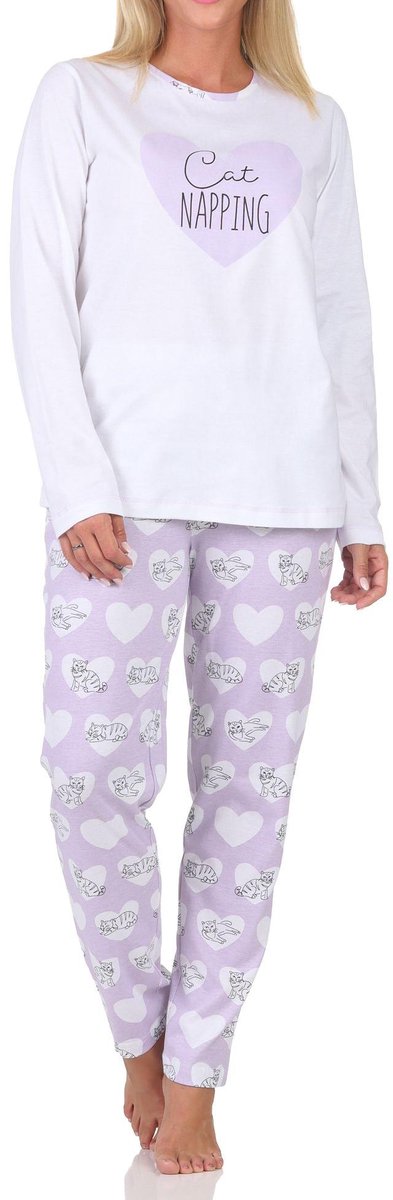 Normann dames pyjama met lange mouwen en hart- en kattenmotief lila