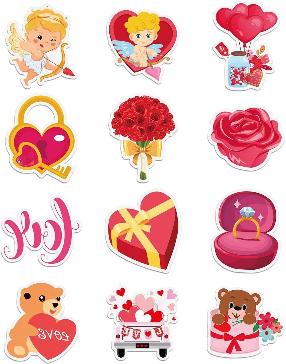 Valentijnsdag Magneten - Set van 12 - Vintage Cruise Liefde Cupido Bloemen - Koelkast Brievenbus Garagedeur Kluisje Autodecoratie.
