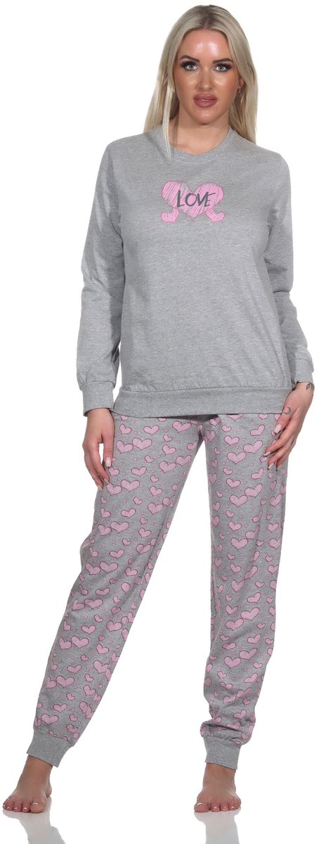 Normann Dames Lange Mouw Pyjama met Manchetten in Hartmotief Optiek - Ook in Oversizes grau-mel.