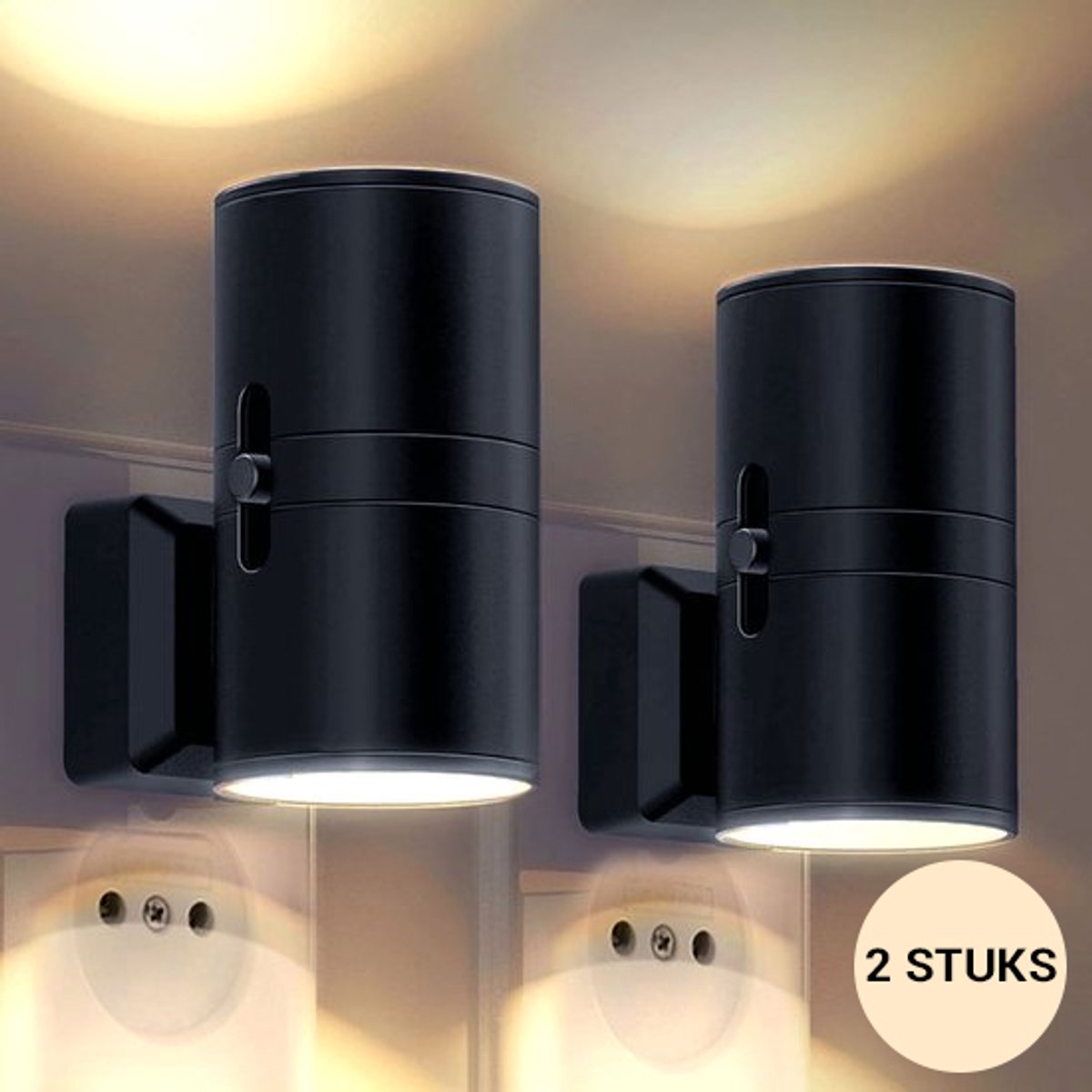 LotaHome - Nachtlampje Stopcontact - 2 Stuks - Stekkerlamp - Dimbaar - Stekkerlampen - Boven en Onder Verlichting - Dag en Nacht Sensor - Moderne Luxe Nachtlamp - Instelbare Helderheid - Kinderlamp - Stekkerspot - 10,7 x 9,3cm - Zwart - Cadeau