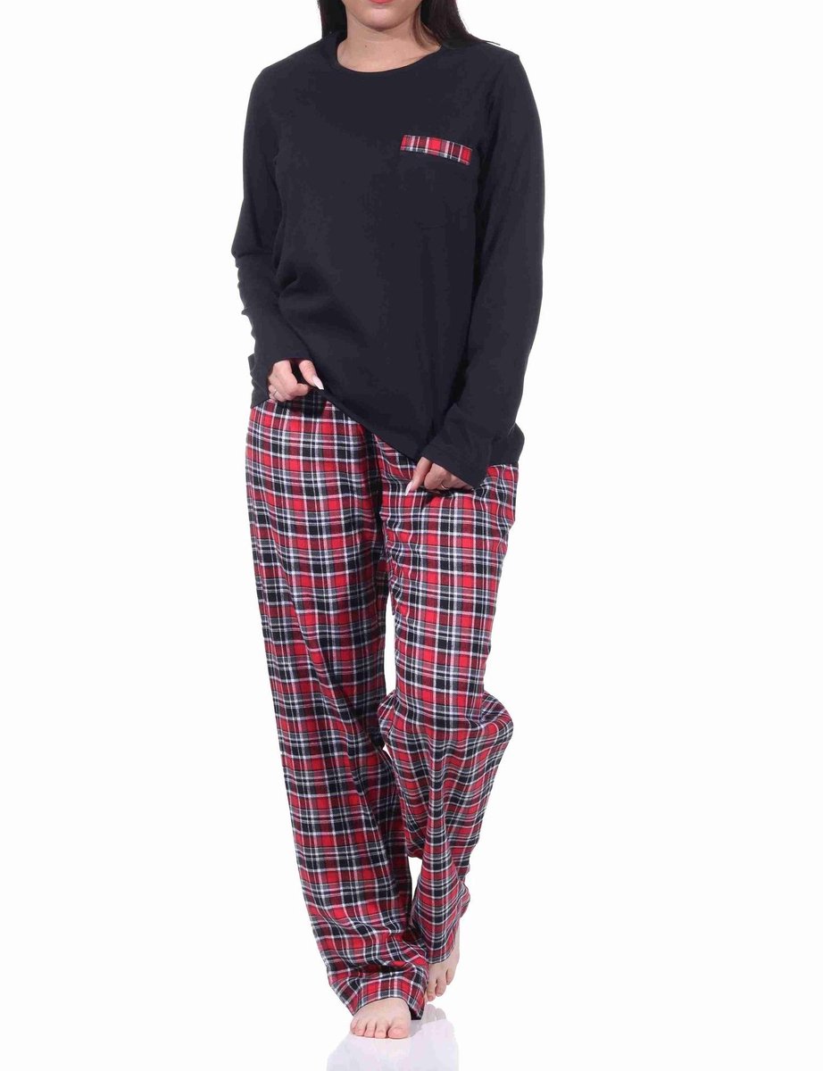 Normann Flanellen damespyjama lang met flanellen broek en jersey top schwarz