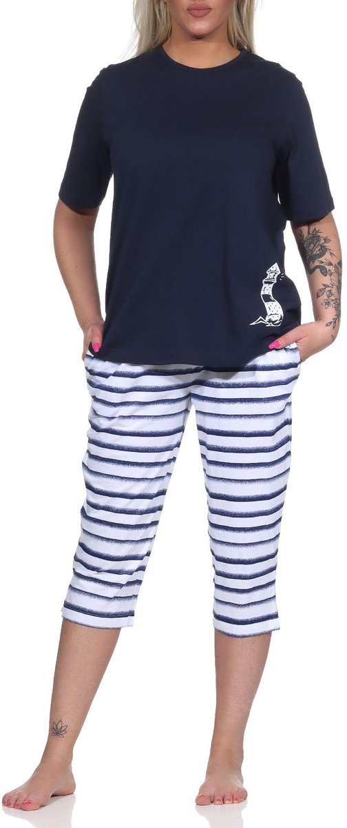 Normann Maritieme dames capri pyjama met korte mouven, top met vuurtorenmotief, ook in overmaat marine