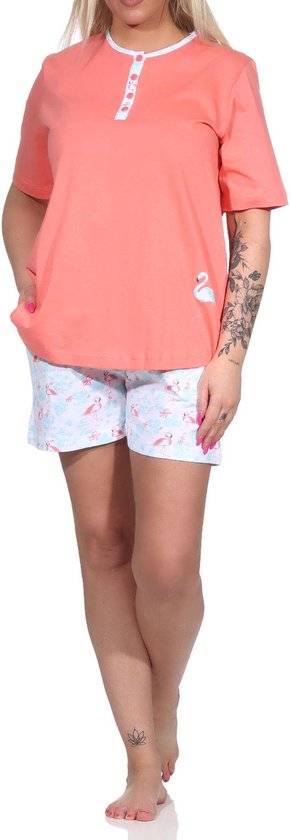 Dames Shorty pyjama met korte mouwen met flamingo-motief en knoopsluiting bij de hals