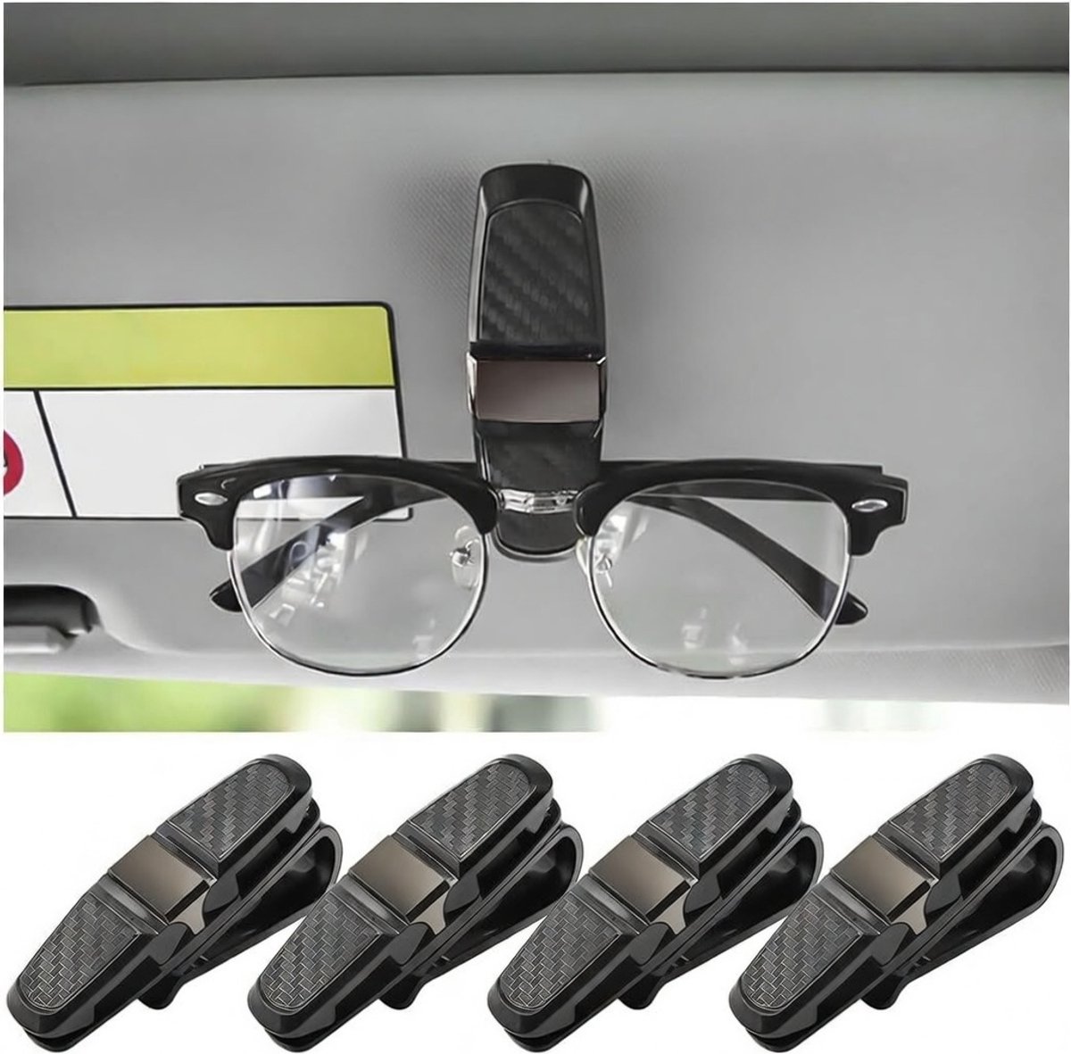 Famanu – Zonnebrilhouder voor autozonneklep, set van 4 draaibare brillenclips met kaartclip, grijs