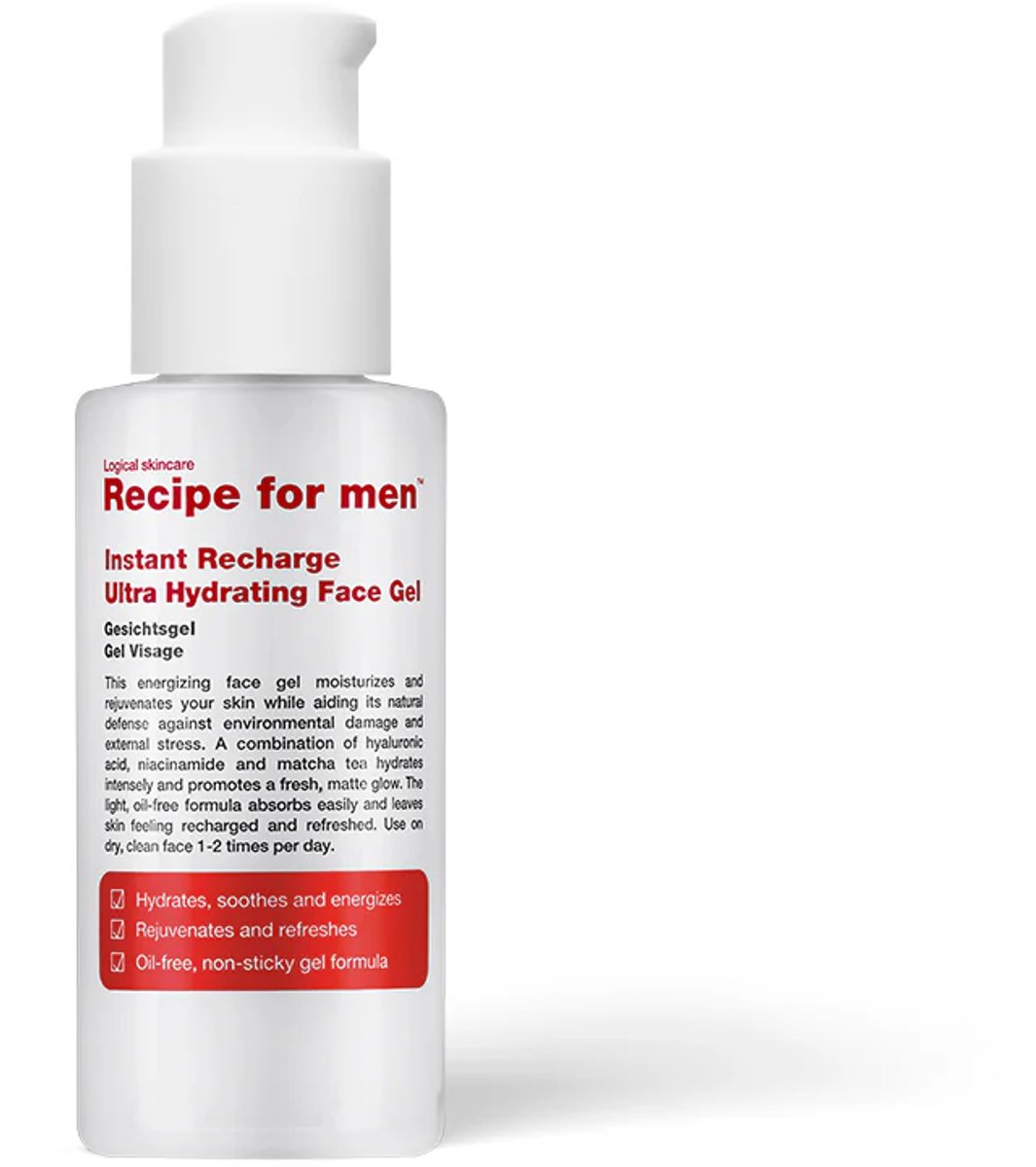 Recipe For Men - Lichte Gezichtsgel voor Diepe Hydratatie - Ultra Hydrating Face Gel, 75 ml