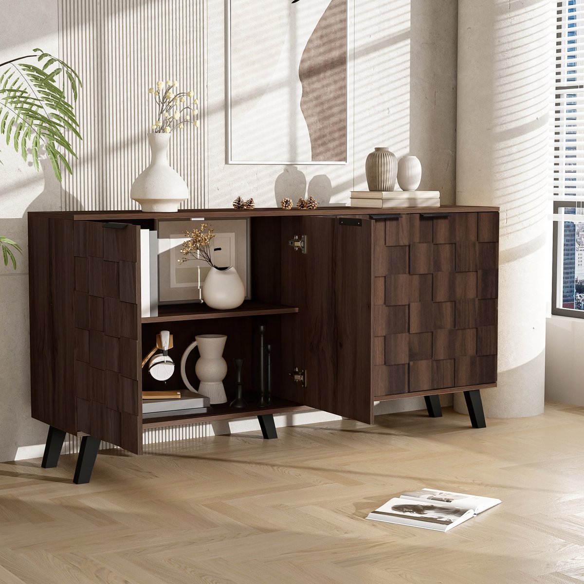 Moderne zijkast 160,5 x 35,5 x 78 cm - donker houtnerf - 4 deuren - geschikt voor woonkamer - slaapkamer en eetkamer