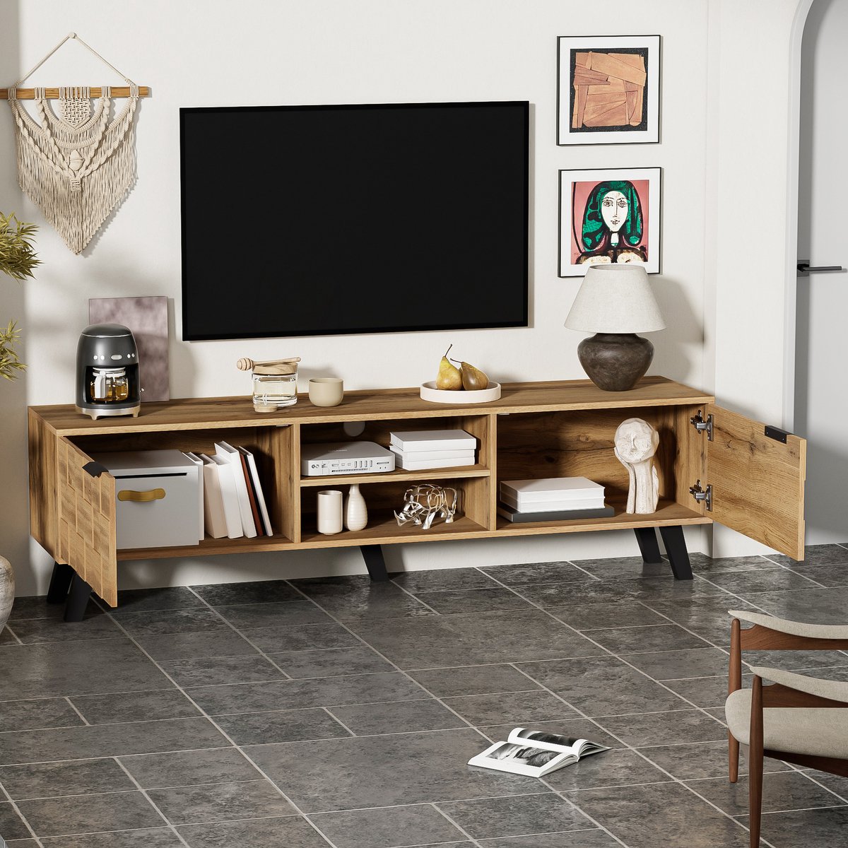Merax Moderne Tv meubel 160,5 x 35,5 x 45 cm - met 2 deuren en 2 open vakken - houtkleur