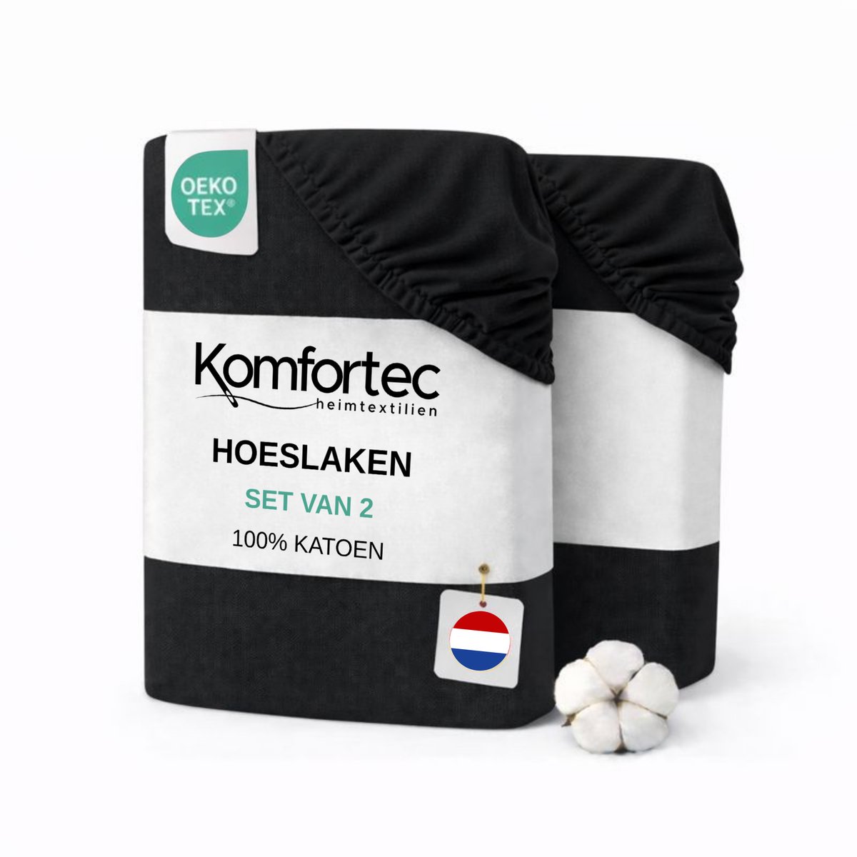 Komfortec Jersey Stretch 2-delige Hoeslaken Set 200x200 cm, Dubbelpak, 23 cm Matrasdikte, Rondom Elastiek, 100% Katoen, Zwart