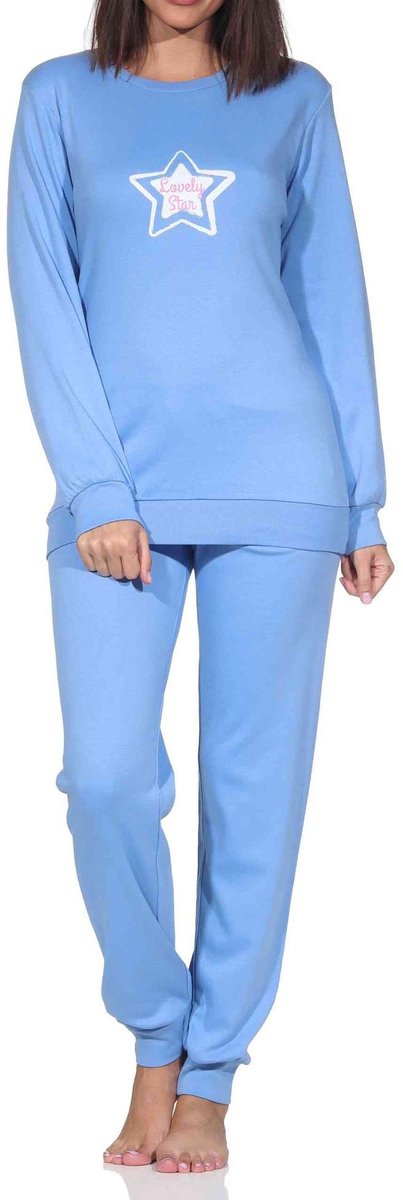 Normann dames lange pyjama in knuffelzachte interlock kwaliteit met boorden in sterlook blau