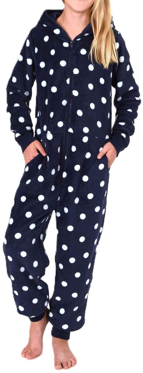 Behaaglijke Meisjespyjama Jumpsuit Overall in koraalrode fleece met stippenlook
