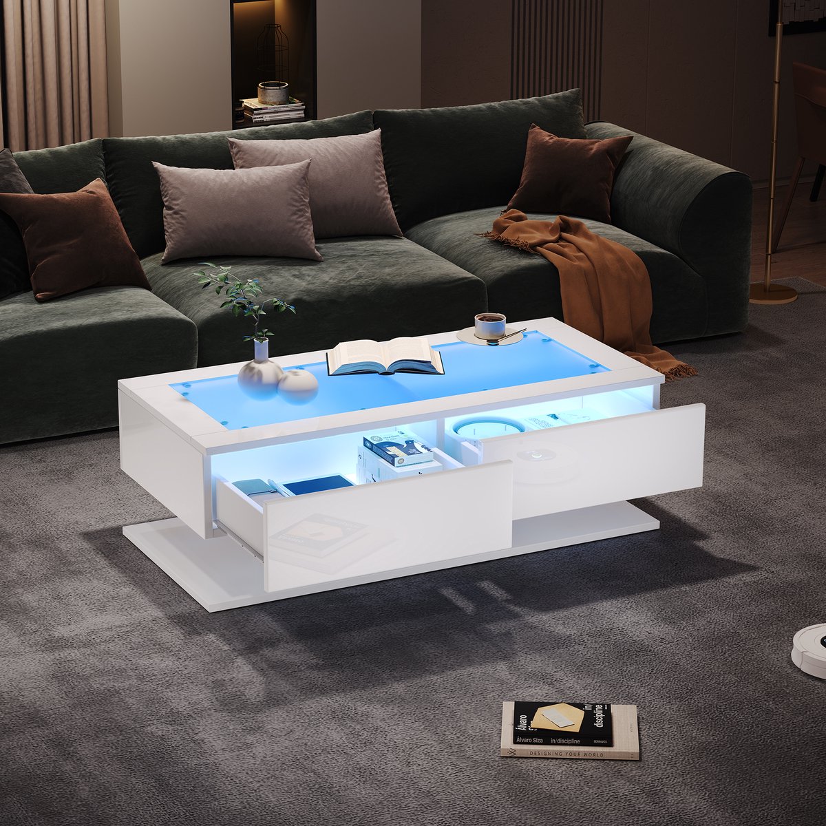 Clruro Salontafel - 100x50x35 cm - Hoogglans Met Lade LED En Glasblad - Glas - Wit