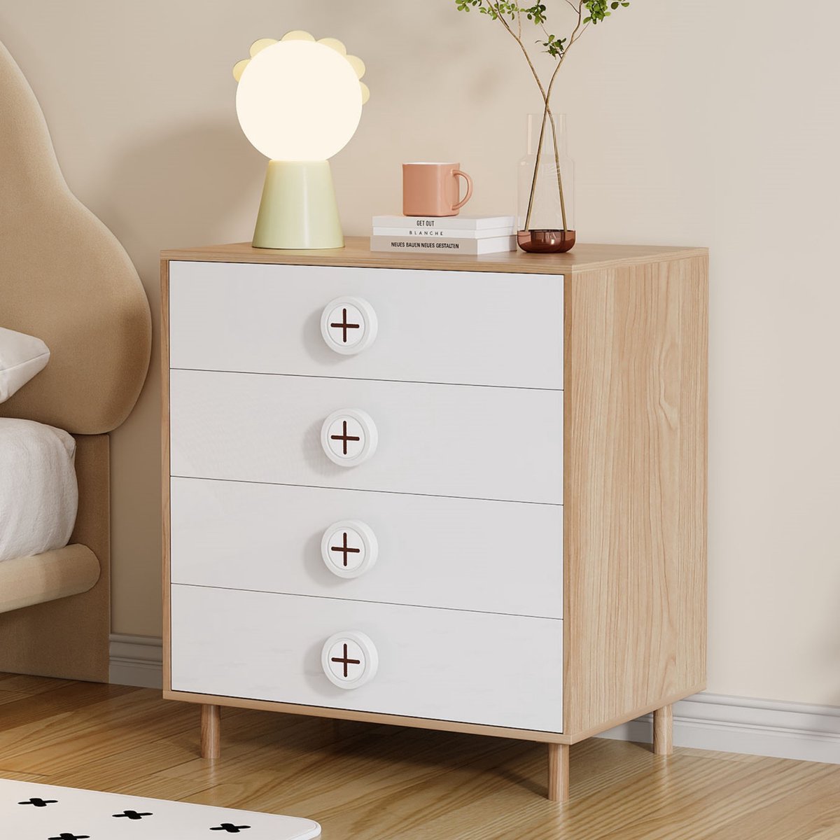 Nachtkastje / Commode - 80x54x90 cm - 4 Laden Opbergkast - Slaapkamer / Kinderkamer - Wit