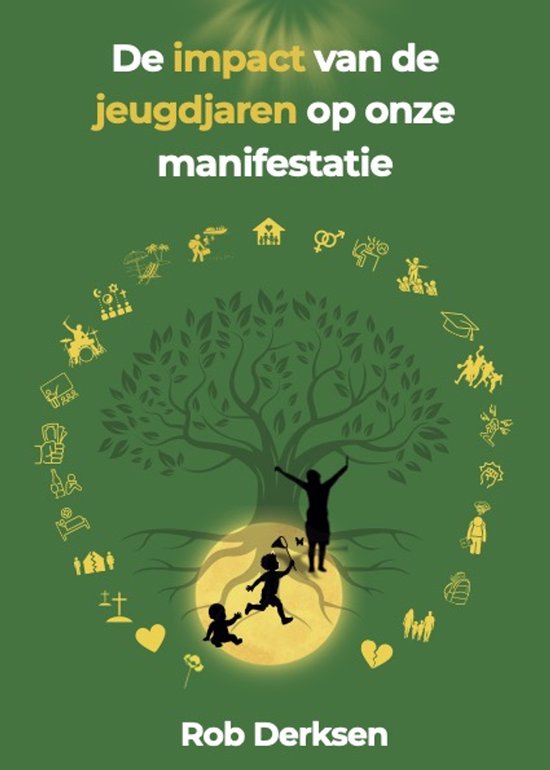 Boekomslag "De impact van de jeugdjaren op onze manifestatie" met een levensboom en symbolen die jeugdgebeurtenissen voorstellen.