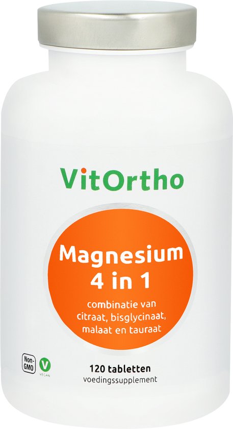 VitOrtho Magnesium 4 in 1, combinatie van citraat, bisglycinaat, malaat enauraat, 120 tabletten, voedingssupplement.