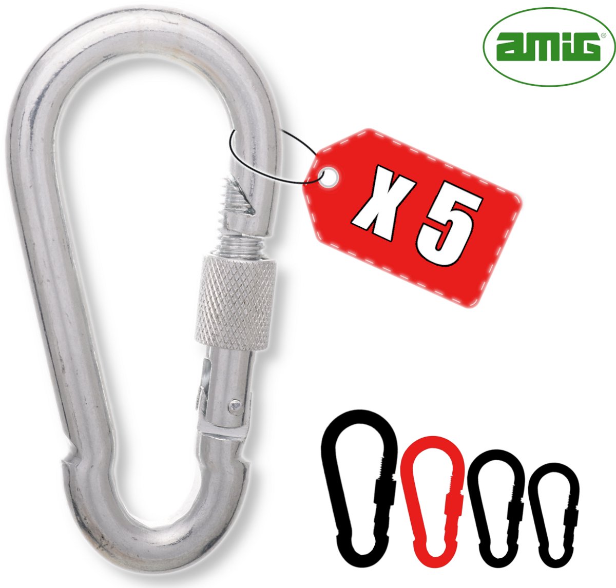 AMIG Karabijnhaak 8x80mm Groot met Schroefsluiting Verzinkt Staal 240kg Camping Voordeelset - 5 Stuks