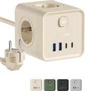 Voomy Stekkerdoos - 20W Snellader - USB-C & USB-A - 4 Stopcontacten - Aan/uit Schakelaar - 2M Verlengsnoer - Overspanningsbeveiliging - Beige