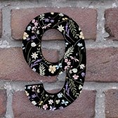 Huisnummer Arial 9 zwart met bloemen - Maat: Groot (20 cm) - zelfklevend - Huisnummerbord