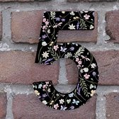 Huisnummer Arial 5 zwart met bloemen - Maat: Groot (20 cm) - zelfklevend - Huisnummerbord