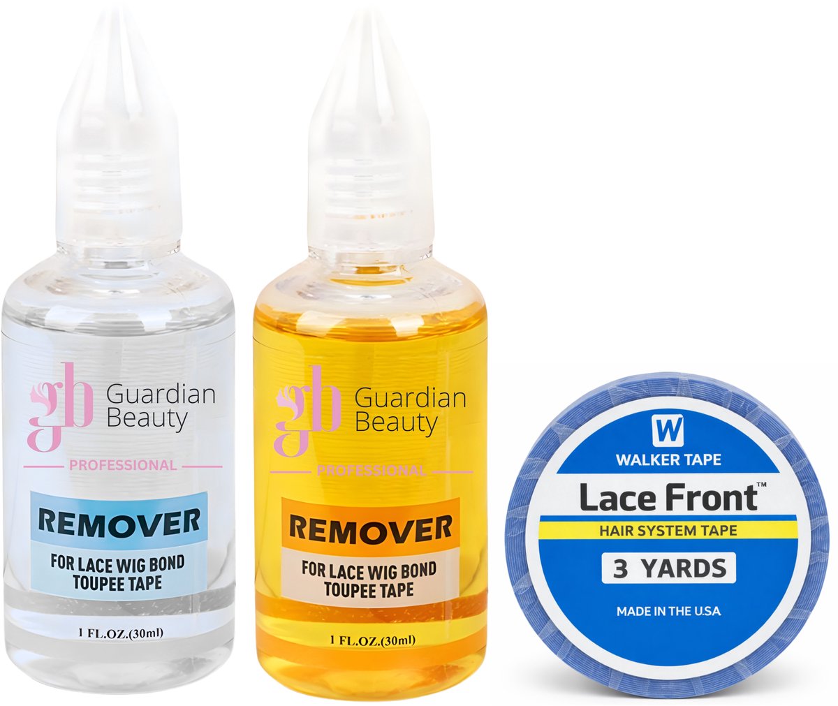 Walker Tape Pruikentape & Guardian Beauty Remover Set - Lace Front - Hair System Tape - 3 yards - 1.27 cm + GB Remover - Transparant, Geel - For Lace Wig Bond and Toupee Tape - 2 stuks - 30ml - Haarextensions