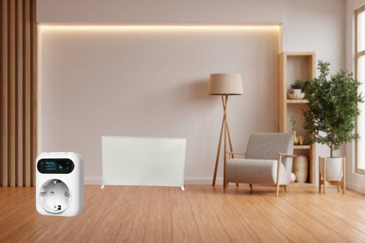 JustHeat® 600Watt Infrarood paneel - vrijstaande opstelling – met externe stekker thermostaat Wifi functie - 600 Watt - 60 x 100 cm - (meet kamertemperatuur op afstand van paneel) - fraaie randoplossing