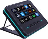 Zwart macro-paneel met 15 programmeerbare toetsen, op een verstelbare standaard. De rand van het paneel heeft een blauwe LED-strip. De iconen van de knoppen zijn zichtbaar.