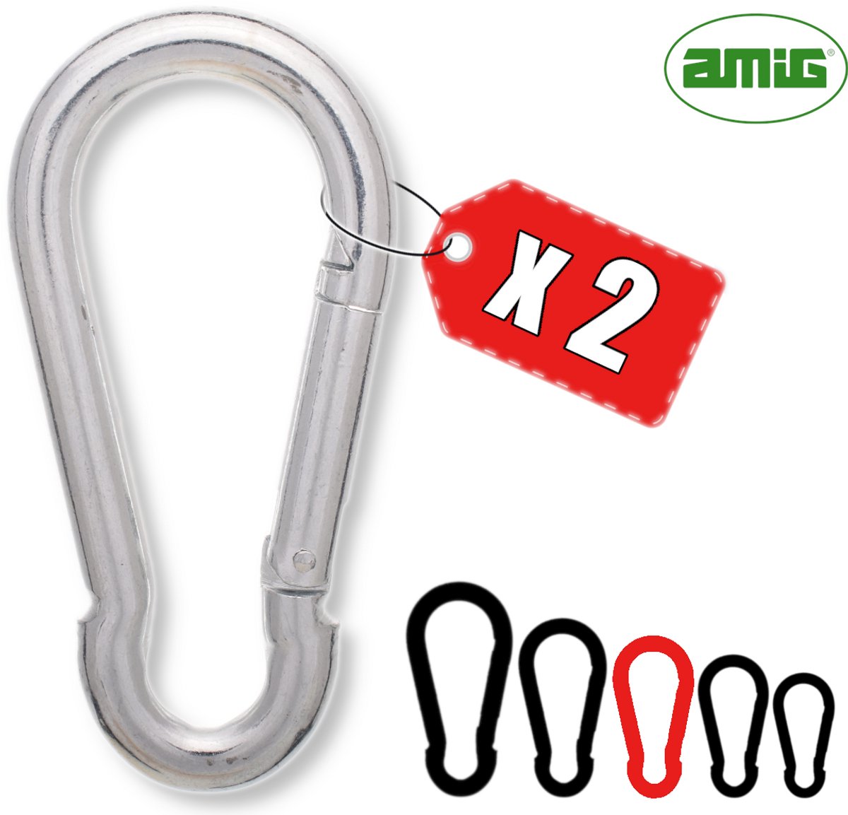 AMIG Karabijnhaak 7x70mm Verzinkt Staal Veersluiting Sleutelhanger Musketonhaak Set - 2 Stuks