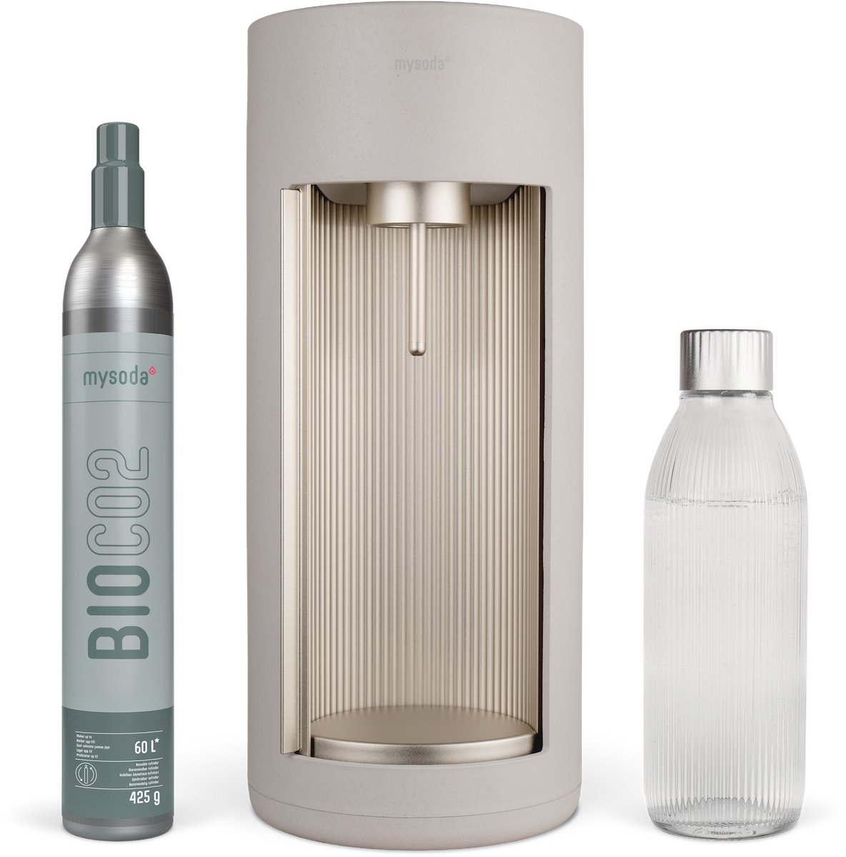 Mysoda Glassy Latte - design bruiswatertoestel gemaakt van ecologisch biocomposiet & aluminium - incl cilinder en 1 glazen fles