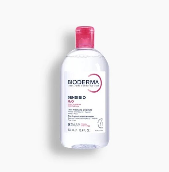 Bioderma Sensibio H2O micellair water, 500 ml, met roze dop.