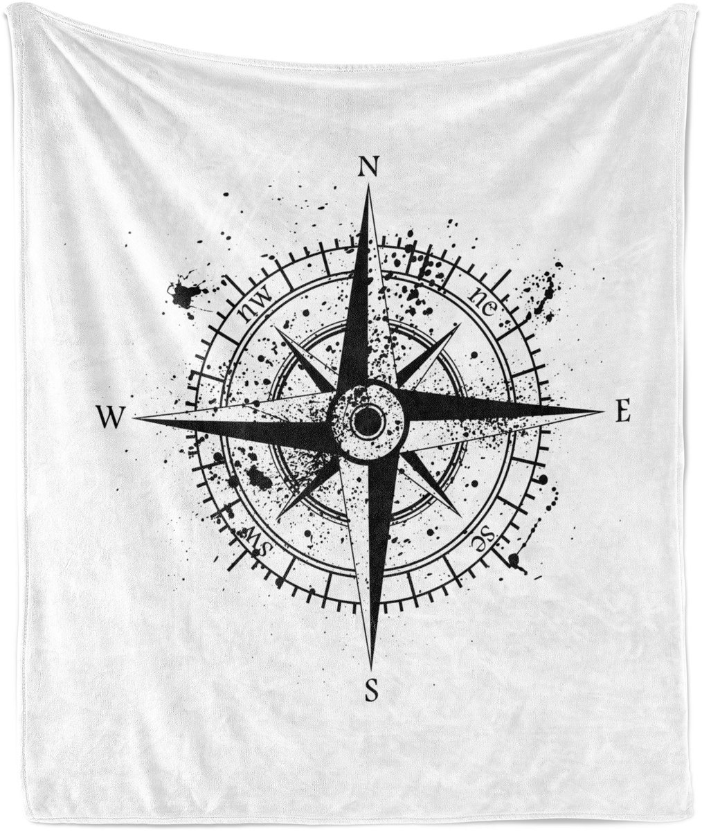 ABAKUHAUS Maritieme Zachte Flanellen Fleece Deken, Grunge Splash Kompasroos, Gezellige Pluche Plaid, 125 x 175 cm, Houtskoolgrijs en Wit