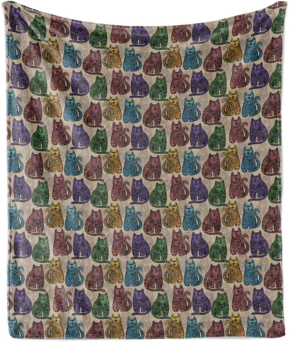 ABAKUHAUS Tattoo Zachte Flanellen Fleece Deken, Kleurrijke Katten, Gezellige Pluche Plaid, 125 x 175 cm, Taupegroen